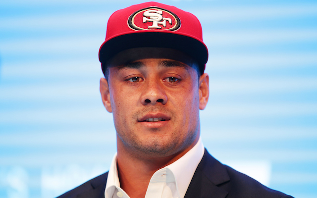 SYDNEY, AUSTRALIA - MARCH 03: Jarryd Hayne speaks to the media during a press conference at the Telstra Amphitheatre on March 3, 2015 in Sydney, Australia. Hayne has signed a NFL futures contract with the San Francisco 49ers. (Photo by Matt King/Getty Images)